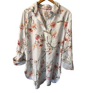 Womens CHICO'S No Iron Stretch Tunic Top Flip Cuff Pull Over Collar Sz 14 Floral